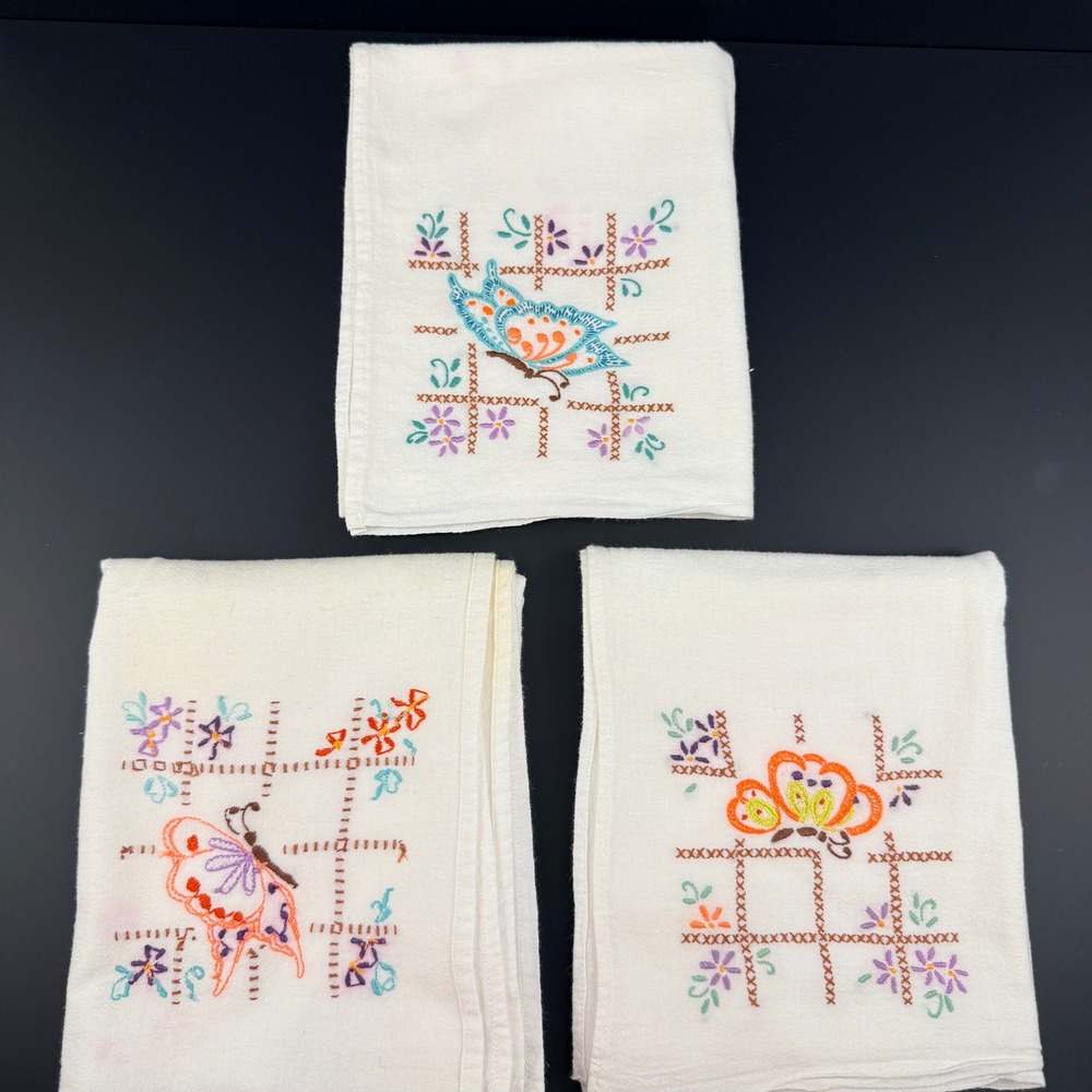 Vtg Hand Embroidered LARGE Butterfly Tea Towels Set of 3 White Cotton Floral